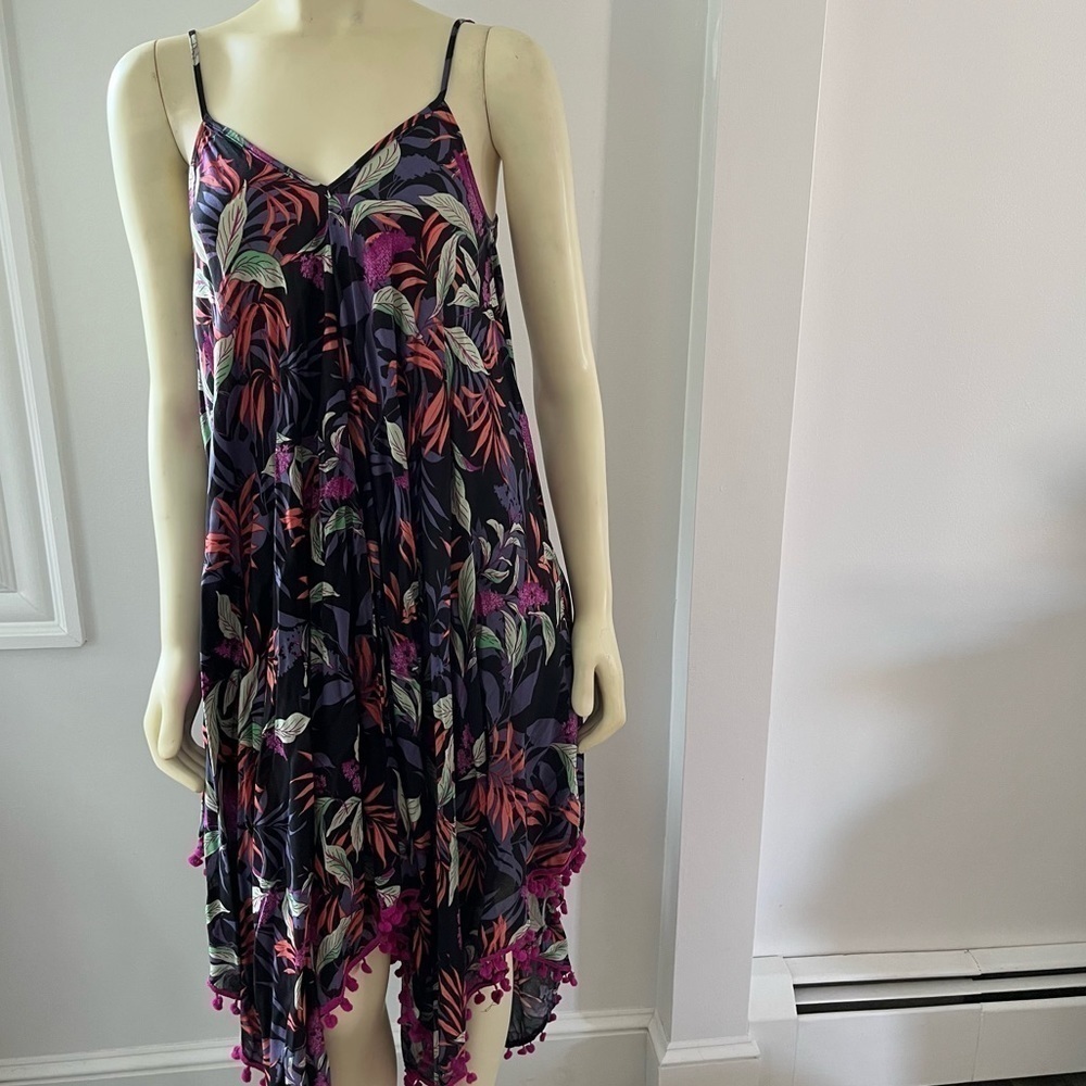 Japna Black Floral Midi Dress with Pink and Green Leaves